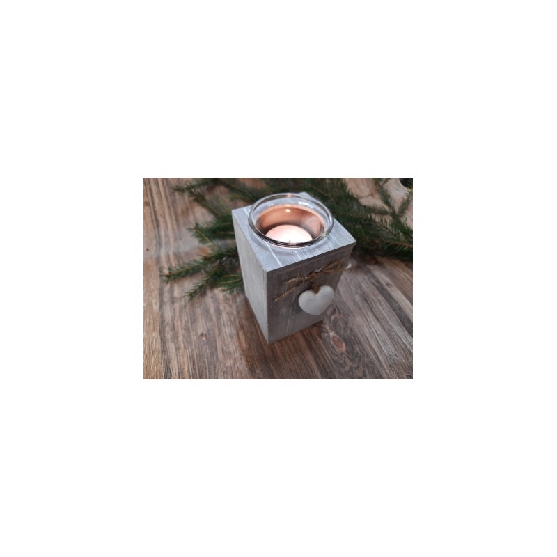 Teelichthalter mit Herz Anhänger
aus Holz, Glas Weiß